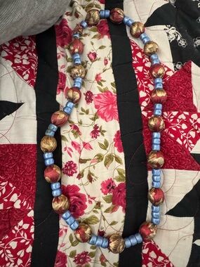 Handcrafted Blue, Maroon, and Gold Cloth-Beaded Necklace